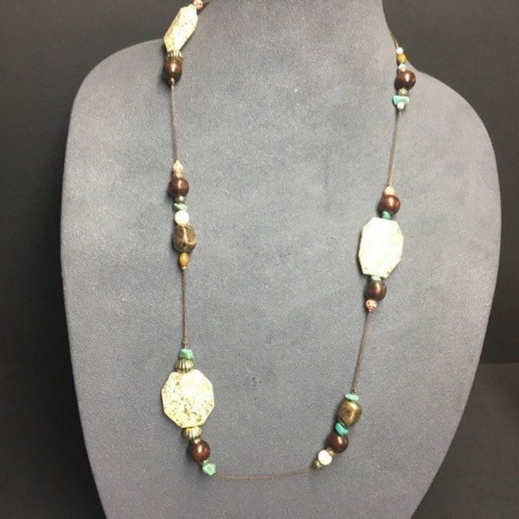 Long Necklace Beige Brown Turquoise Pink Gold Chunky Speckle Faceted Retro BoHo - Picture 1 of 9